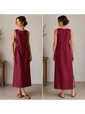 Magaschoni Linen Dress 10 Burgundy Red Midi Rushed Cut Out Side Quiet Luxury